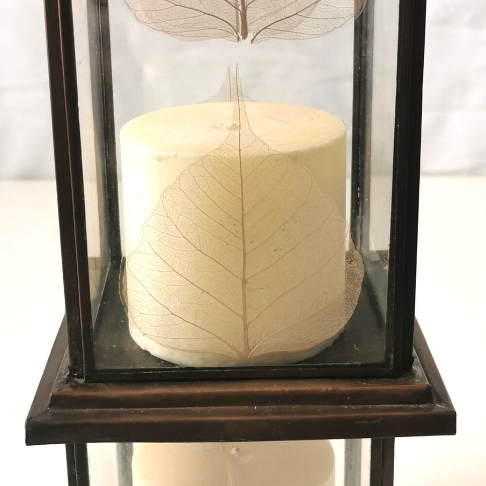 Elegant Two-Tier Bronze Leaf Hurricane Candle Holder Glass Shade Pillar Candle